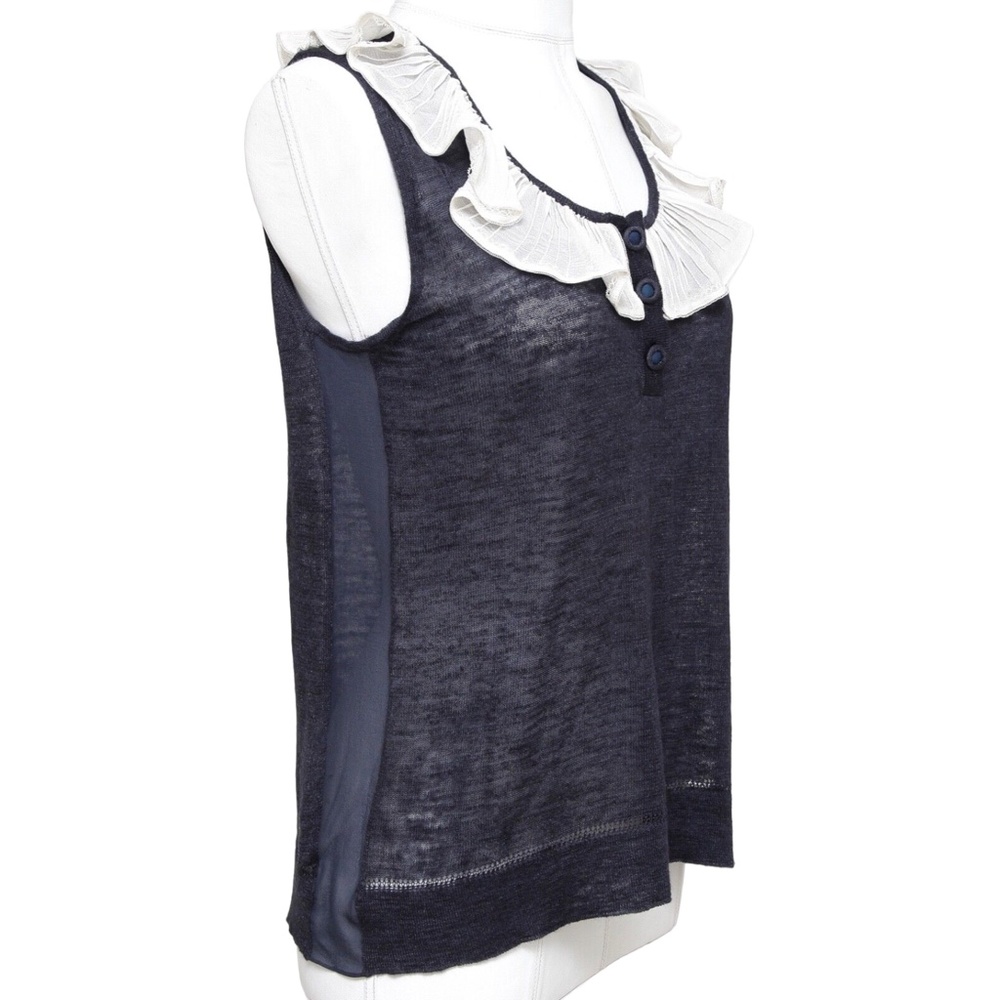 CHLOE Sleeveless Top Shirt Sleeveless Navy Ivory Ruffle Henley XS 2007 - Picture 2 of 9